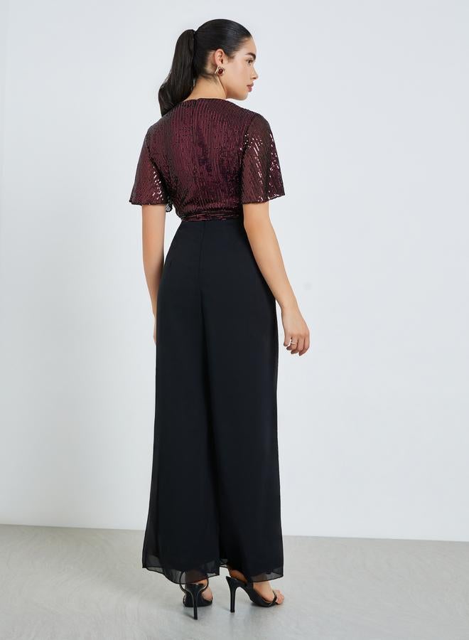 Styli Women Burgundy Sequin Wrap Front Jumpsuit - Image 3